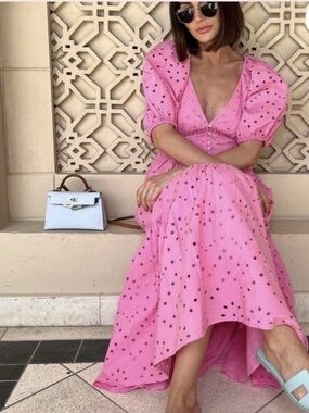 Zara Openwork Embroidered Dress Pink L